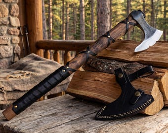 Viking Axe Carbon Steel Hatchet with Rosewood Handle & Leather Sheath | Camping, Outdoor Tool