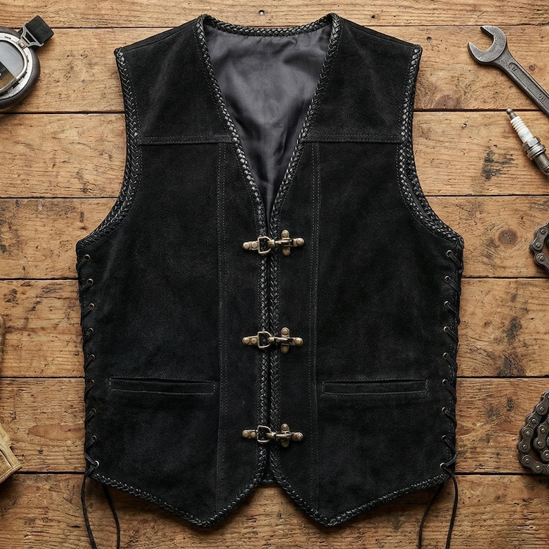 Flat lay image of a black suede leather biker vest placed on a rustic wooden surface surrounded by motorcycle tools. The vest features triple antique hook closures, braided edge trim, adjustable side lacing, and traditional waistcoat pockets. The rugged background enhances the biker lifestyle aesthetic and masculine appeal.