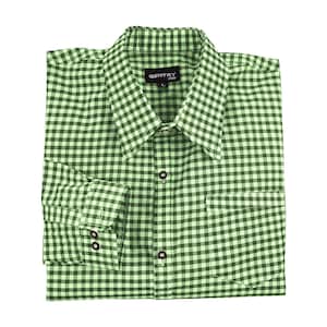 Folded green checkered shirt flat lay with button detail perfect for Oktoberfest outfit