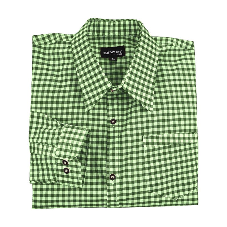 Folded green checkered shirt flat lay with button detail perfect for Oktoberfest outfit