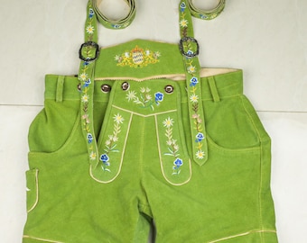 Green Suede Lederhosen for Women, Traditional Bavarian Oktoberfest Costume with Embroidered Suspenders, German Festival Outfit