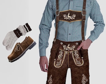Mens Oktoberfest Outfit Suede Lederhosen Shorts German Costume with Shirt Boots & Socks
