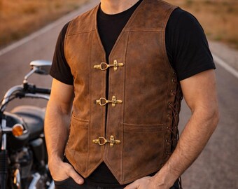 Distressed Brown Leather Biker Vest for Men Vintage Motorcycle Riding Vest