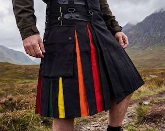 Rainbow Utility Kilt with Cargo Pockets for Men | Festival, Pride & Outdoor Highland Wear