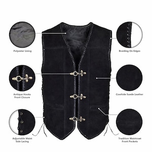 Infographic-style image of a black suede leather biker vest centered on a white background with labeled feature callouts. Highlighted elements include polyester lining, antique hook front closure, cowhide suede leather material, braided edging, adjustable side lacing, and traditional front pockets. The layout clearly presents construction details and craftsmanship.