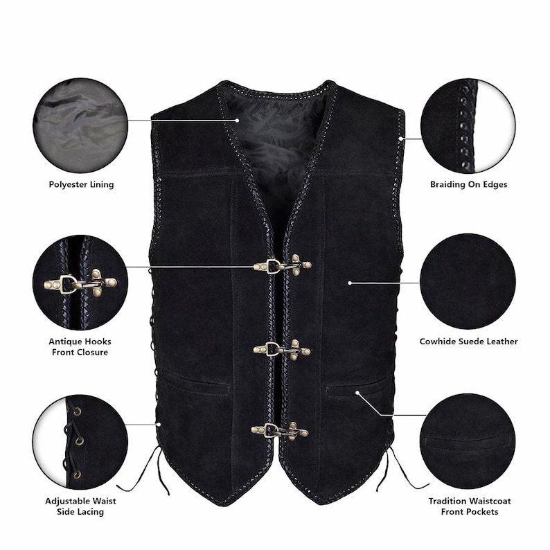 Infographic-style image of a black suede leather biker vest centered on a white background with labeled feature callouts. Highlighted elements include polyester lining, antique hook front closure, cowhide suede leather material, braided edging, adjustable side lacing, and traditional front pockets. The layout clearly presents construction details and craftsmanship.