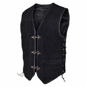 Angled studio view of a black suede leather biker vest positioned slightly to the right, showing depth and structure. The triple hook front closure and braided edge detailing are visible along with the side lacing adjustment. Clean white background enhances focus on the premium cowhide suede texture and craftsmanship.