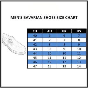 May include: A shoe size chart for Men's Bavarian shoes. The chart includes EU, AU, UK, and US sizes, with corresponding numerical values. A line drawing of a shoe is in the upper left corner.