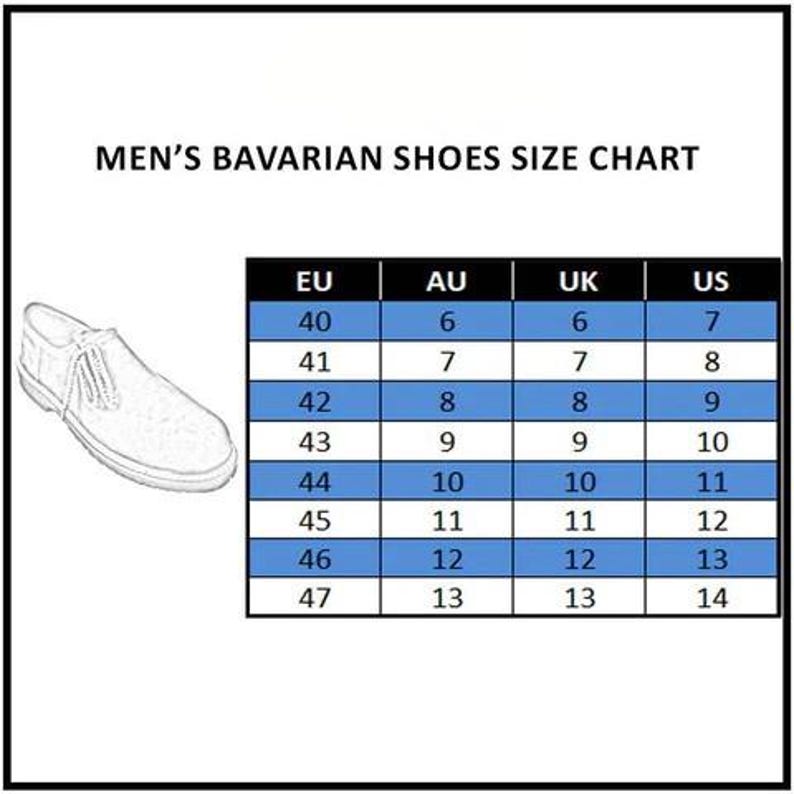 May include: A shoe size chart for Men's Bavarian shoes. The chart includes EU, AU, UK, and US sizes, with corresponding numerical values. A line drawing of a shoe is in the upper left corner.