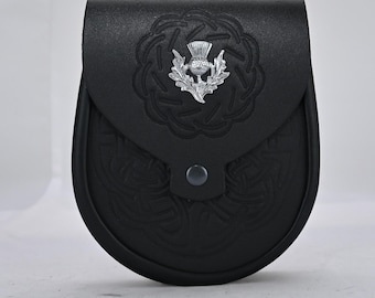 Scottish Kilt Sporran – Black Leather Sporran with Celtic Deep Embossing Pattern