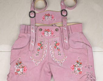 Womens Pink Suede Lederhosen Embroidered Oktoberfest Costume Easter Day Gift For Her