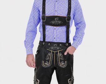 Mens Oktoberfest Outfit Black Leather Lederhosen Shorts with Suspenders Bavarian German Costume