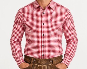 Traditional Oktoberfest Shirt, Red Checked Bavarian Trachten Shirt, German Costume Shirt for Lederhosen Outfit