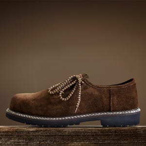 Brown suede lederhosen shoes top view traditional german footwear for men