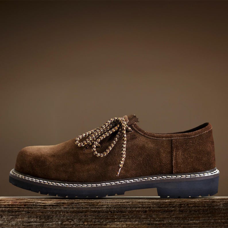 Brown suede lederhosen shoes top view traditional german footwear for men