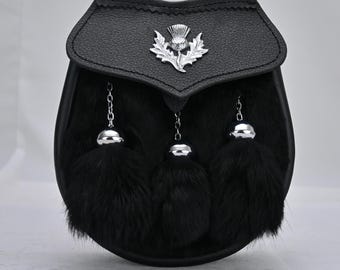 Traditional Thistle Kilt Sporran: Black Rabbit Fur Scottish Bag