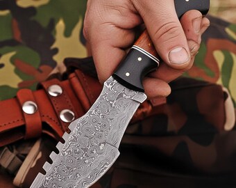 Handmade Damascus Tracker Style Knife with Wood Micarta Handle and Leather Sheath