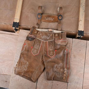 Mens Red Brown Lederhosen Shorts Suede Oktoberfest Outfit with Embroidered Suspenders Bavarian German Costume