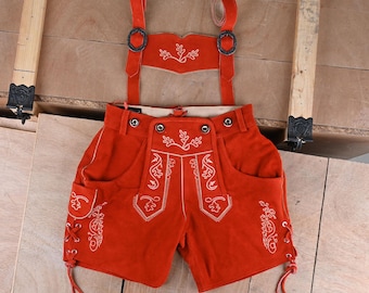 Pantalones de cuero de ante rojo, traje bávaro de Oktoberfest con bordados plateados