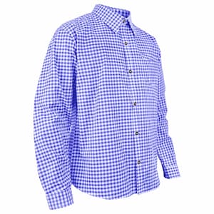 Side angle of men's blue checkered shirt for Bavarian costume or Oktoberfest event wear