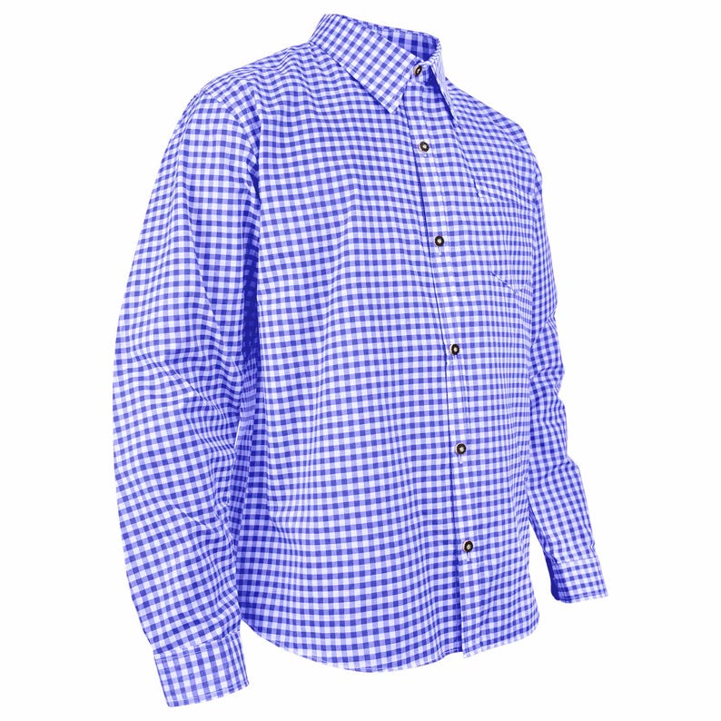 Side angle of men's blue checkered shirt for Bavarian costume or Oktoberfest event wear