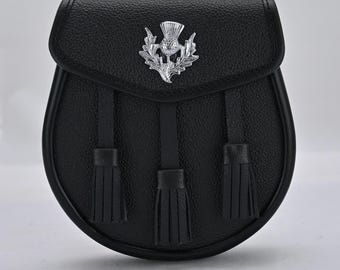 Traditional Thistle Kilt Sporran Black Rabbit Fur Scottish Bag