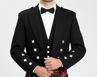 Prince Charlie Jacket & Vest – Black Scottish Kilt Outfit Formal Wear Wedding Gift for Him
