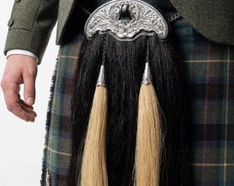 Real Horse Hair Sporran | Long Scottish Kilt Accessory with Celtic Cantle