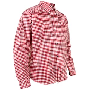 Side angle of men's red checkered Bavarian shirt for Oktoberfest with classic button-up design