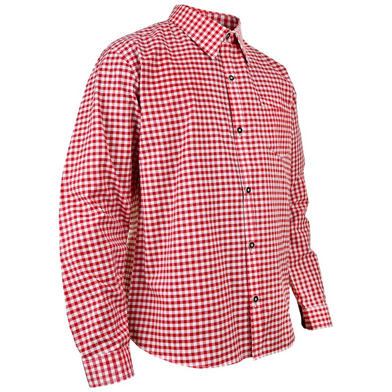 Side angle of men's red checkered Bavarian shirt for Oktoberfest with classic button-up design