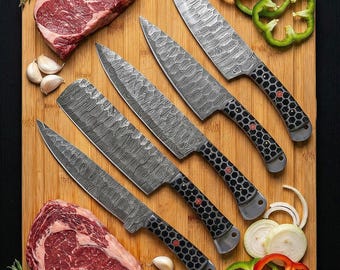 Damascus Chef Knife Set 5 Pcs with Leather Sheath, Hammered Chef Knife Set, Resin Honeycomb Handle Cooking Gift