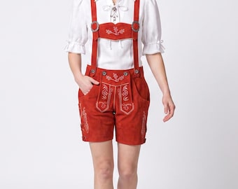 Red Suede Lederhosen Bavarian Oktoberfest Costume with Silver Embroidery