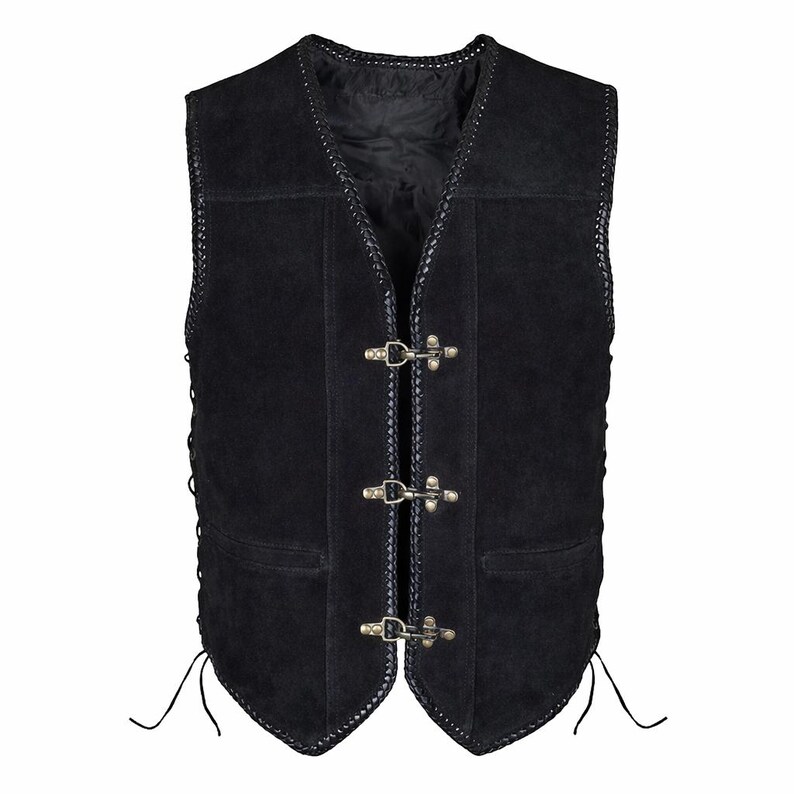 Front-facing product image of a black cowhide suede leather vest displayed on a white background. The biker vest features three antique brass hook closures, braided edging along the front and armholes, and two traditional waistcoat-style front pockets. The symmetrical layout clearly highlights the structured cut and classic sleeveless biker design.