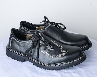 Mens Lederhosen Shoes Leather Trachten Footwear with Embroidery Traditional Bavarian Haferl Shoes for Oktoberfest