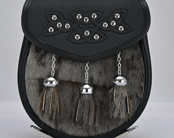 Sporran in pelliccia di coniglio / accessorio per kilt in pelle con dettaglio di cardo, regalo per lui