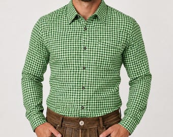 Oktoberfest Shirt Men, Apple Green Checked Bavarian Shirt, German Trachten Shirt for Lederhosen Costume