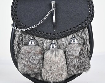 Mens Leather Kilt Sporran – White Faux Rabbit Fur Kilt Bag for Scottish Outfit
