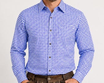 Mens Oktoberfest Shirt, Sea Blue Checked Bavarian Trachten Shirt, German Costume Shirt for Lederhosen Outfit