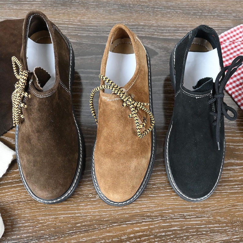 Mens Lederhosen Shoes all three colors black brown golden brown side by side