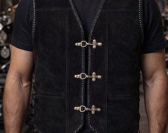 Black Suede Leather Vest for Men, Triple Clasp Biker Vest, Western Motorcycle Waistcoat, Gothic Rock Style Gift for Him