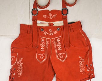 Red Suede Lederhosen Bavarian Oktoberfest Costume with Silver Embroidery