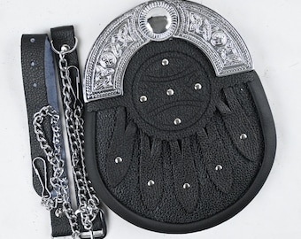 Celtic Chrome Head Stone Kilt Sporran Scottish Leather Sporran with Chain