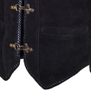 Detailed close-up of antique brass hook closures and front pocket stitching on a black suede leather biker vest. The image highlights the braided edge finishing, reinforced stitching, and premium suede texture, showcasing durability and vintage motorcycle style design.