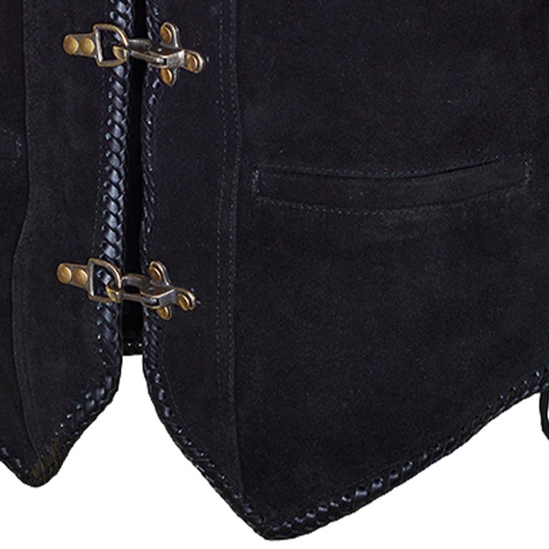 Detailed close-up of antique brass hook closures and front pocket stitching on a black suede leather biker vest. The image highlights the braided edge finishing, reinforced stitching, and premium suede texture, showcasing durability and vintage motorcycle style design.