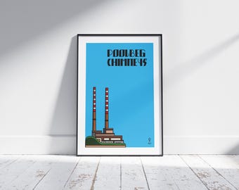 Poolbeg Chimneys (Dublin, Ierland) Minimalistische Ierse landschapsafdruk A4
