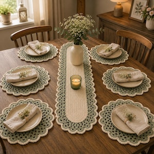 May include: A dining table set featuring a long, oval, cream and sage green crocheted table runner and six matching round crocheted placemats. Each placemat holds a ceramic plate, a folded beige napkin, and a small sprig of baby's breath.