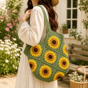 Può includere: Una borsa tote all'uncinetto composta da pannelli quadrati con motivi a girasole, caratterizzati da centri marrone scuro e petali giallo brillante su uno sfondo verde salvia. La borsa presenta due spallacci integrati e una finitura.