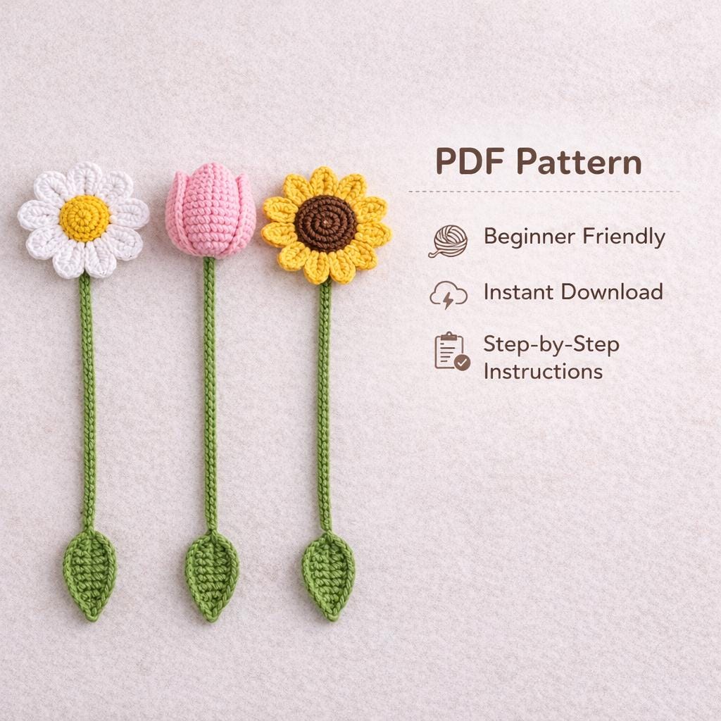 Crochet Flower Bookmark Pattern | Easy Floral Bookmark With Stem ...