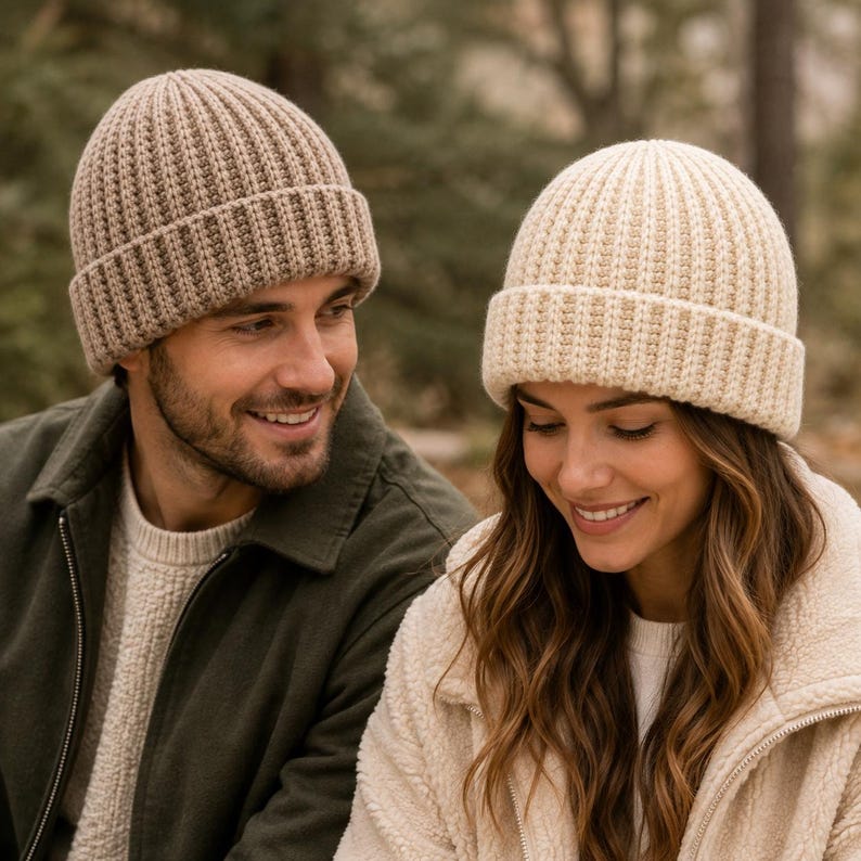 May include: Two ribbed knit beanies, one in a light brown shade and the other in a cream color. Both hats feature a thick, folded cuff at the base and a vertical textured pattern throughout the crown, providing a classic look for cold weather.