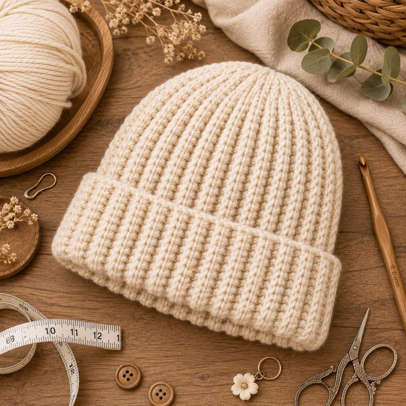 May include: A cream-colored knit beanie featuring a vertical ribbed texture and a wide folded cuff. The hat is displayed alongside a ball of yarn, a wooden crochet hook, a measuring tape, two buttons, and metal scissors on a wooden surface.